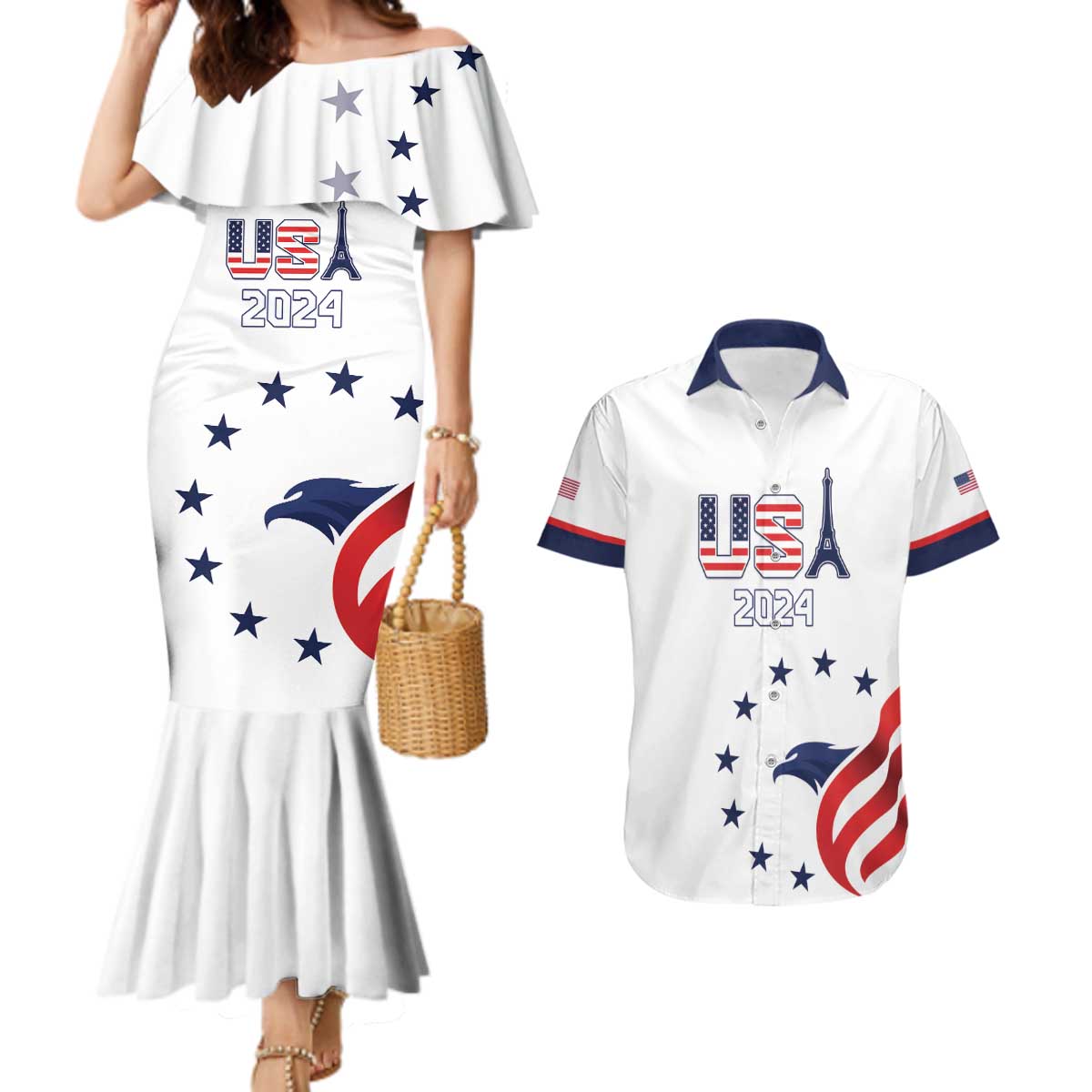 Custom USA 2024 Paris Couples Matching Mermaid Dress and Hawaiian Shirt United States Sport LT05 - Wonder Print Shop