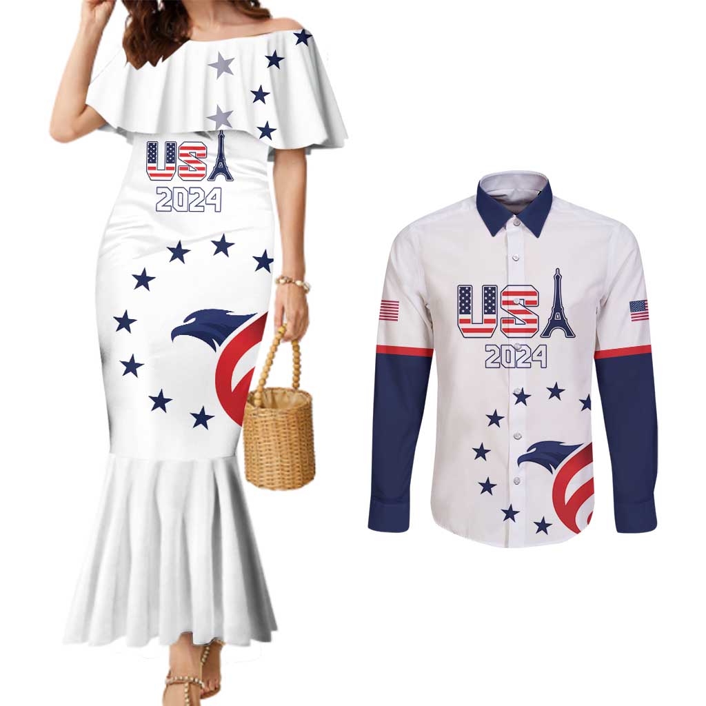 Custom USA 2024 Paris Couples Matching Mermaid Dress and Long Sleeve Button Shirt United States Sport USA Team