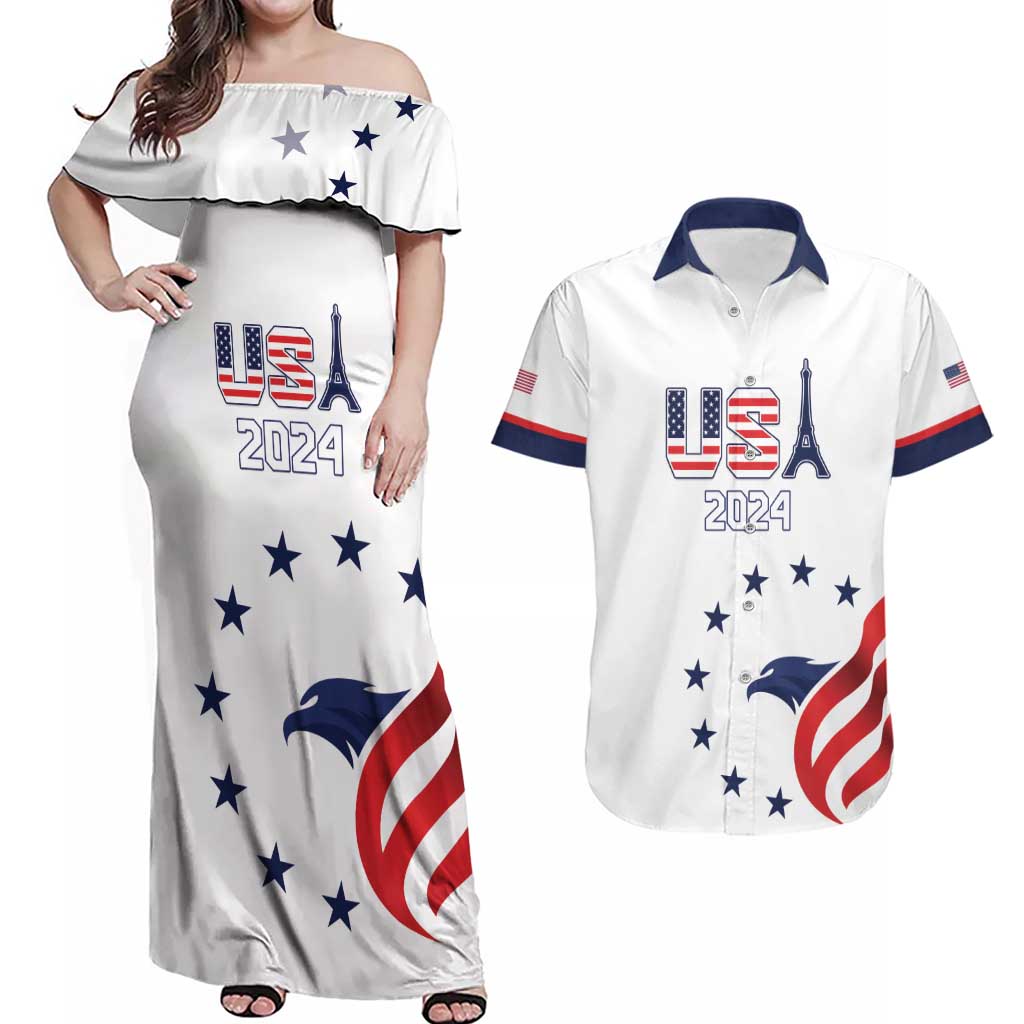 Custom USA 2024 Paris Couples Matching Off Shoulder Maxi Dress and Hawaiian Shirt United States Sport LT05 - Wonder Print Shop