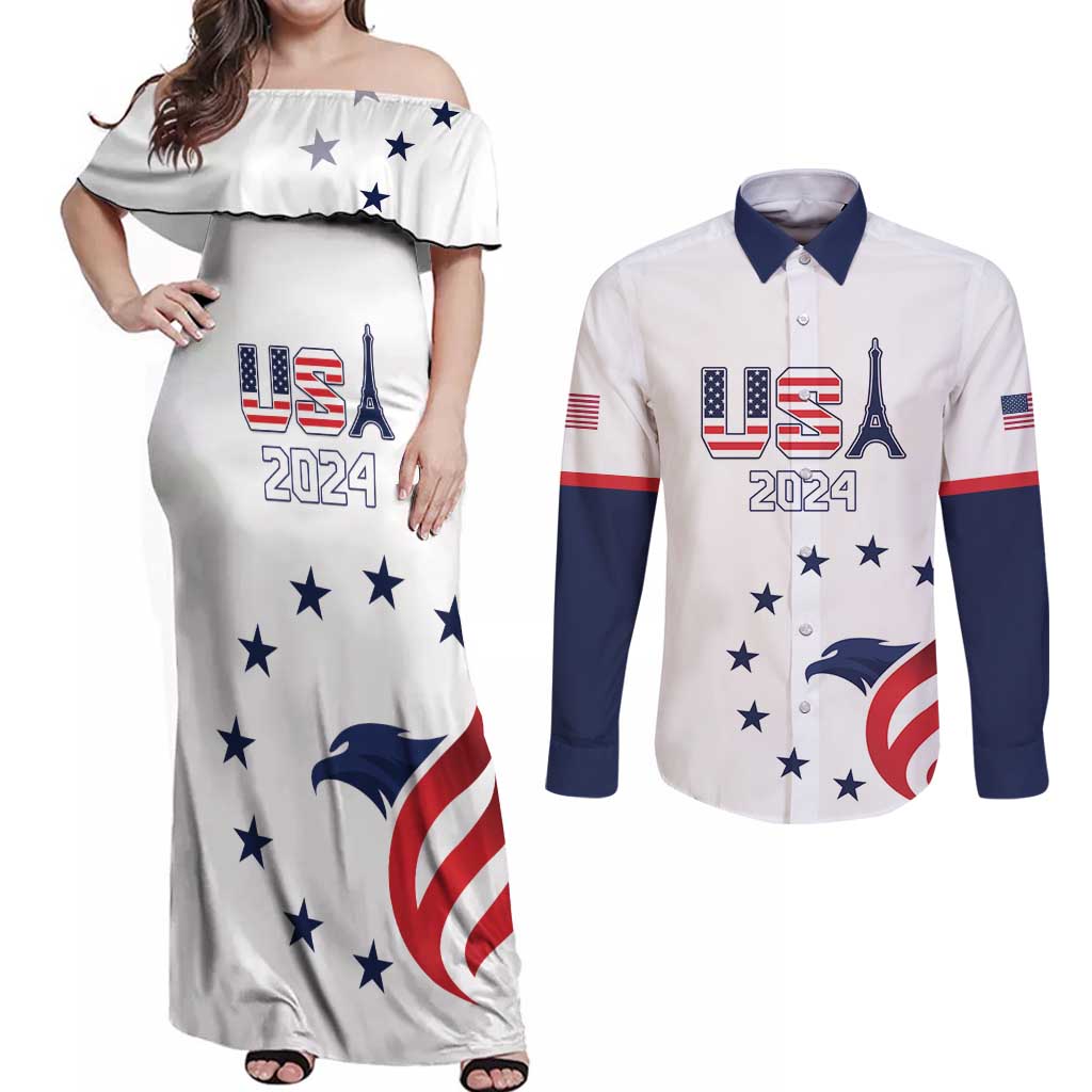 Custom USA 2024 Paris Couples Matching Off Shoulder Maxi Dress and Long Sleeve Button Shirt United States Sport LT05 - Wonder Print Shop