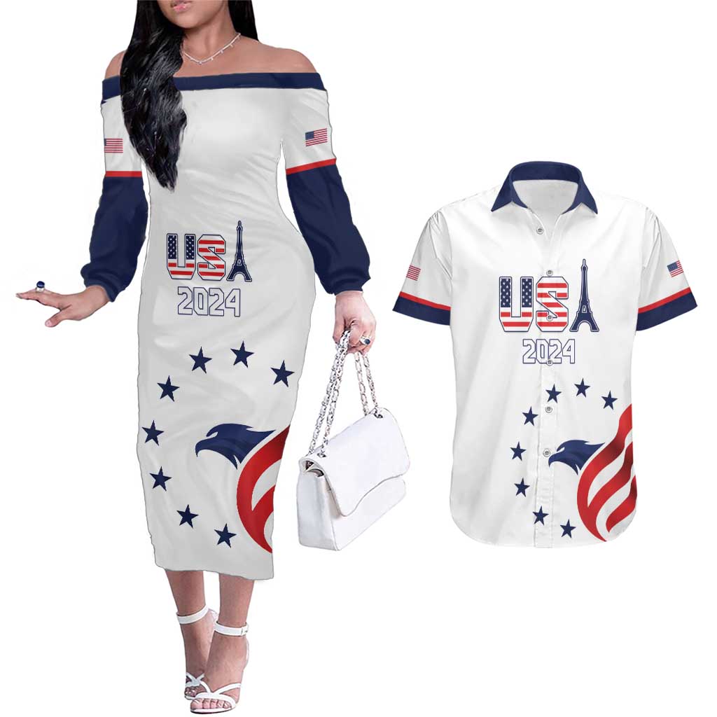 Custom USA 2024 Paris Couples Matching Off The Shoulder Long Sleeve Dress and Hawaiian Shirt United States Sport LT05 - Wonder Print Shop