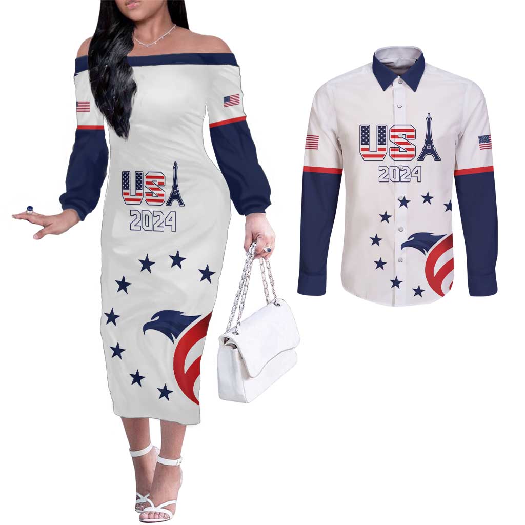 Custom USA 2024 Paris Couples Matching Off The Shoulder Long Sleeve Dress and Long Sleeve Button Shirt United States Sport USA Team