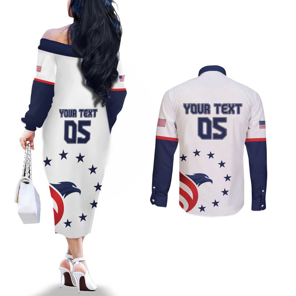 Custom USA 2024 Paris Couples Matching Off The Shoulder Long Sleeve Dress and Long Sleeve Button Shirt United States Sport USA Team
