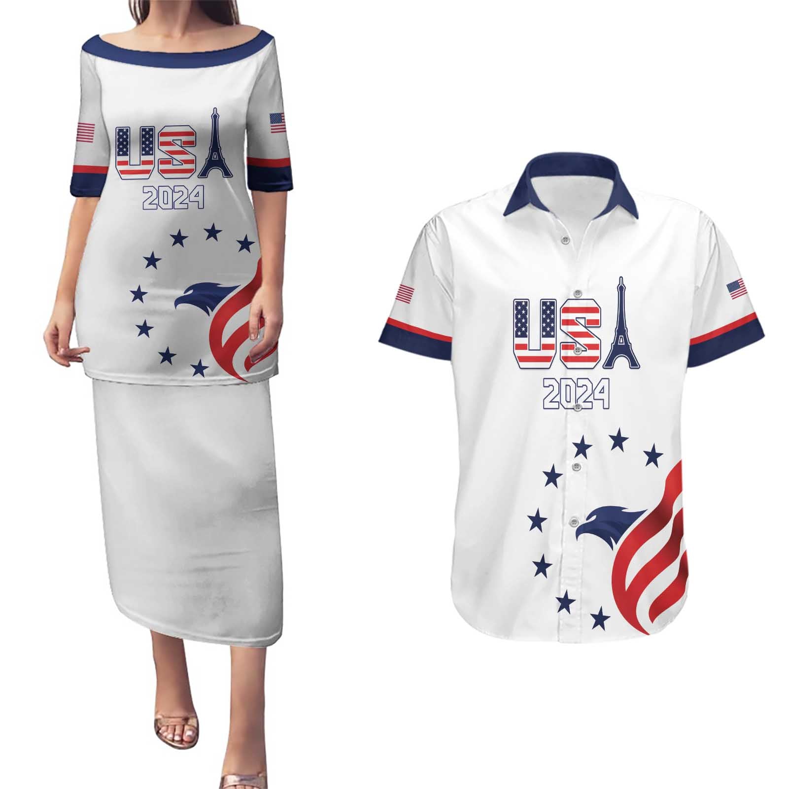 Custom USA 2024 Paris Couples Matching Puletasi and Hawaiian Shirt United States Sport LT05 - Wonder Print Shop