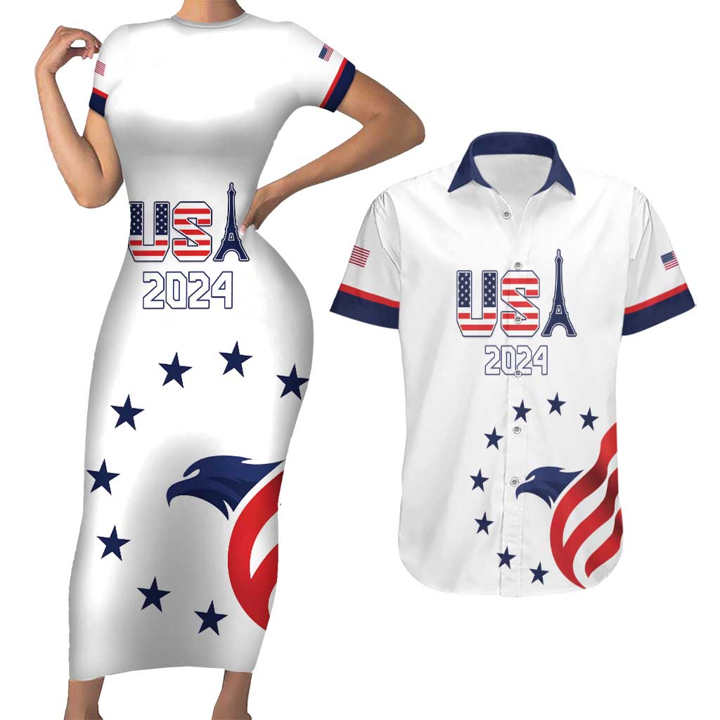 Custom USA 2024 Paris Couples Matching Short Sleeve Bodycon Dress and Hawaiian Shirt United States Sport LT05 - Wonder Print Shop