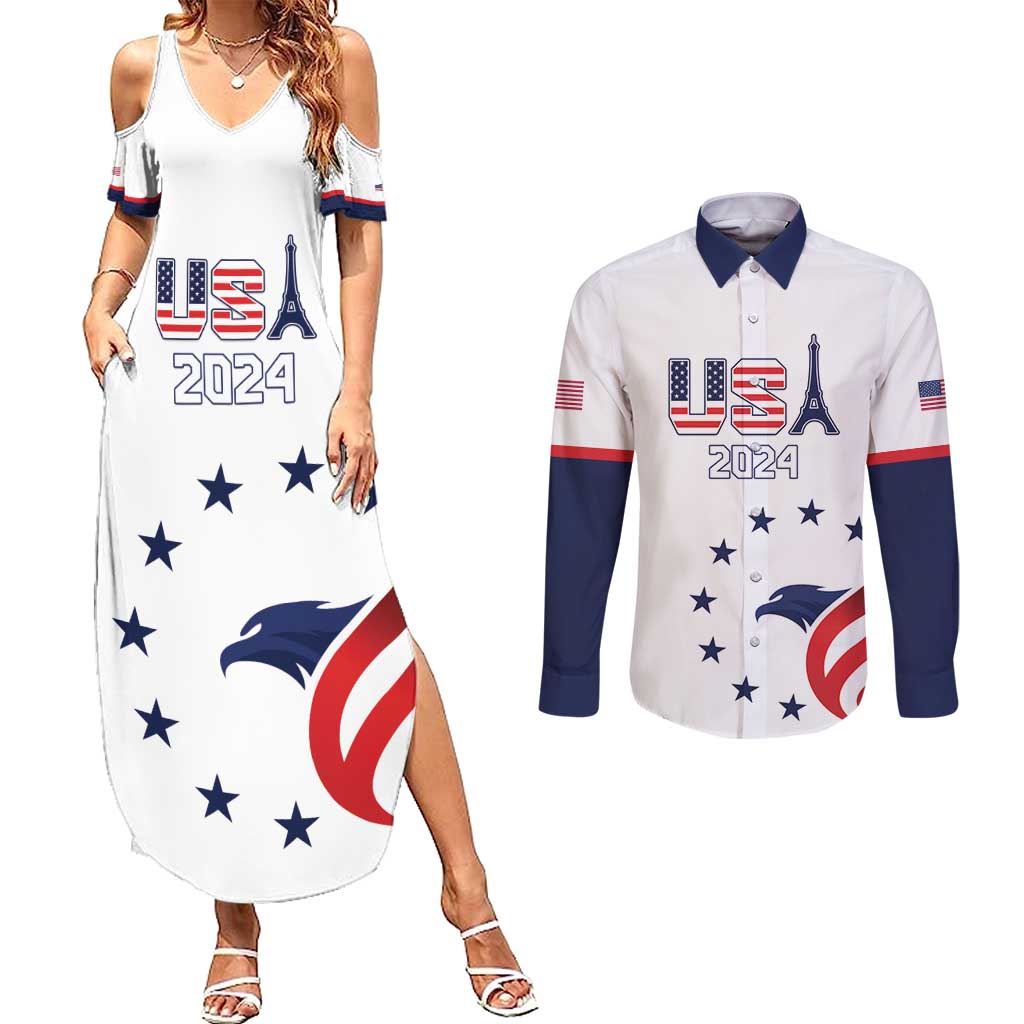 Custom USA 2024 Paris Couples Matching Summer Maxi Dress and Long Sleeve Button Shirt United States Sport LT05 - Wonder Print Shop