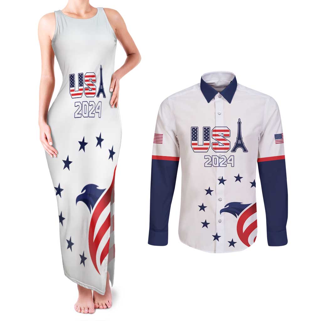 Custom USA 2024 Paris Couples Matching Tank Maxi Dress and Long Sleeve Button Shirt United States Sport LT05 - Wonder Print Shop