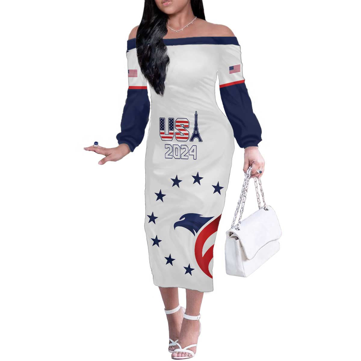 Custom USA 2024 Paris Family Matching Off The Shoulder Long Sleeve Dress and Hawaiian Shirt United States Sport LT05 - Wonder Print Shop