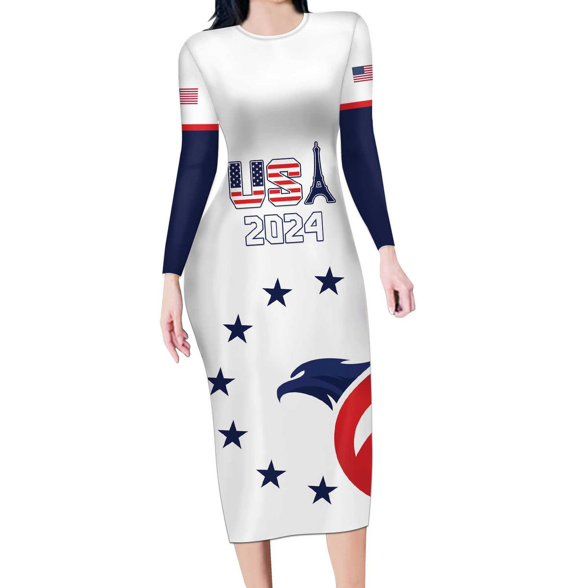 Custom USA 2024 Paris Long Sleeve Bodycon Dress United States Sport LT05 - Wonder Print Shop