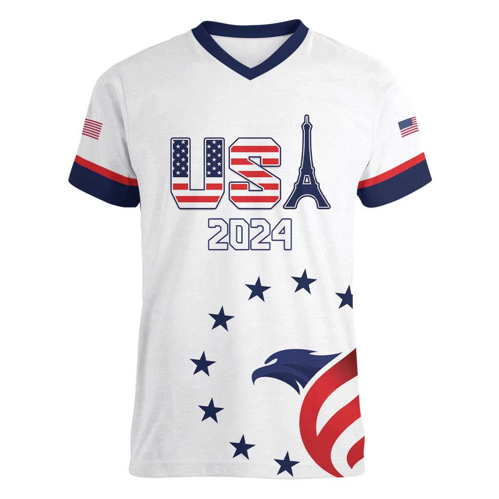 Custom USA 2024 Paris Women V-Neck T-Shirt United States Sport LT05 - Wonder Print Shop