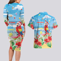 Hawaii Christmas Couples Matching Long Sleeve Bodycon Dress and Hawaiian Shirt Funny Macaw Parrot Tropical Vibe LT05 - Wonder Print Shop
