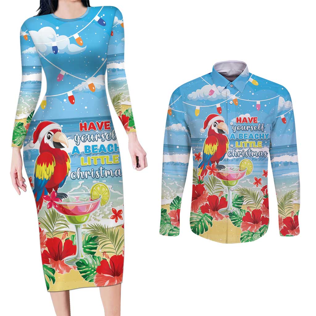 Hawaii Christmas Couples Matching Long Sleeve Bodycon Dress and Long Sleeve Button Shirt Funny Macaw Parrot Tropical Vibe LT05 - Wonder Print Shop