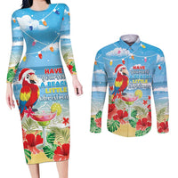 Hawaii Christmas Couples Matching Long Sleeve Bodycon Dress and Long Sleeve Button Shirt Funny Macaw Parrot Tropical Vibe LT05 - Wonder Print Shop