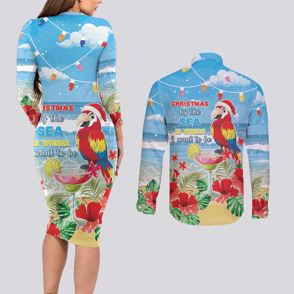 Hawaii Christmas Couples Matching Long Sleeve Bodycon Dress and Long Sleeve Button Shirt Funny Macaw Parrot Tropical Vibe LT05 - Wonder Print Shop