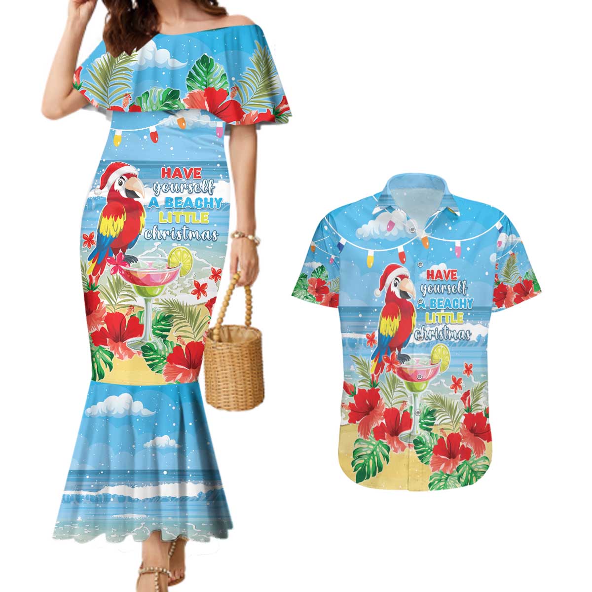 Hawaii Christmas Couples Matching Mermaid Dress and Hawaiian Shirt Funny Macaw Parrot Tropical Vibe LT05 - Wonder Print Shop
