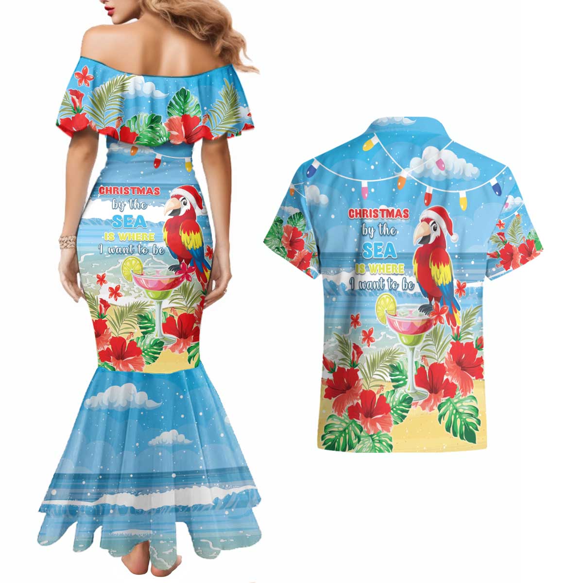 Hawaii Christmas Couples Matching Mermaid Dress and Hawaiian Shirt Funny Macaw Parrot Tropical Vibe LT05 - Wonder Print Shop