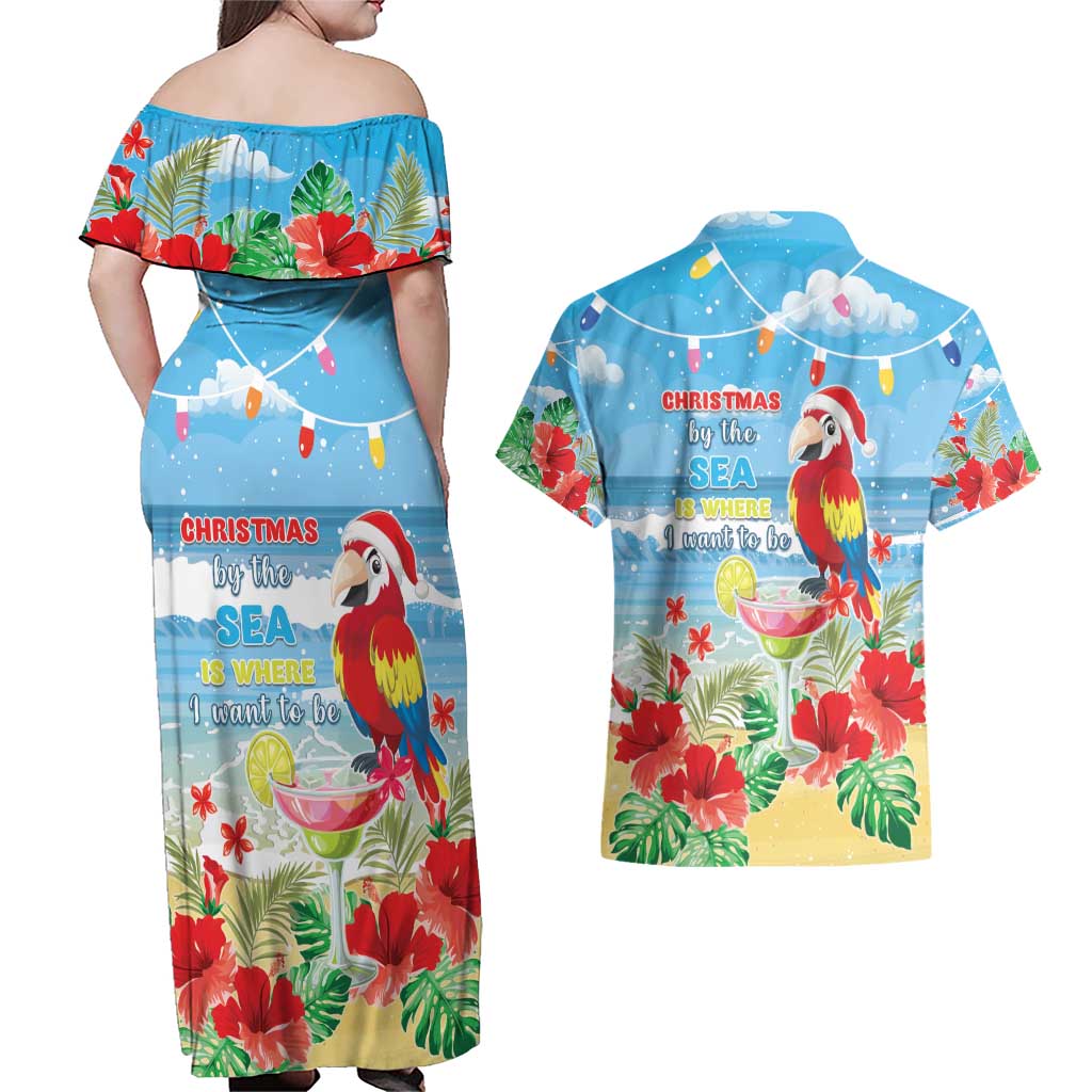 Hawaii Christmas Couples Matching Off Shoulder Maxi Dress and Hawaiian Shirt Funny Macaw Parrot Tropical Vibe LT05 - Wonder Print Shop