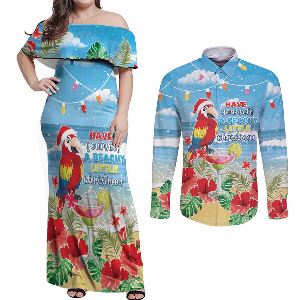 Hawaii Christmas Couples Matching Off Shoulder Maxi Dress and Long Sleeve Button Shirt Funny Macaw Parrot Tropical Vibe LT05 - Wonder Print Shop