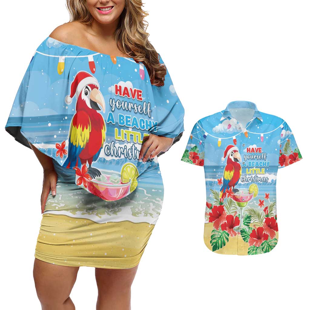Hawaii Christmas Couples Matching Off Shoulder Short Dress and Hawaiian Shirt Funny Macaw Parrot Tropical Vibe LT05 - Wonder Print Shop