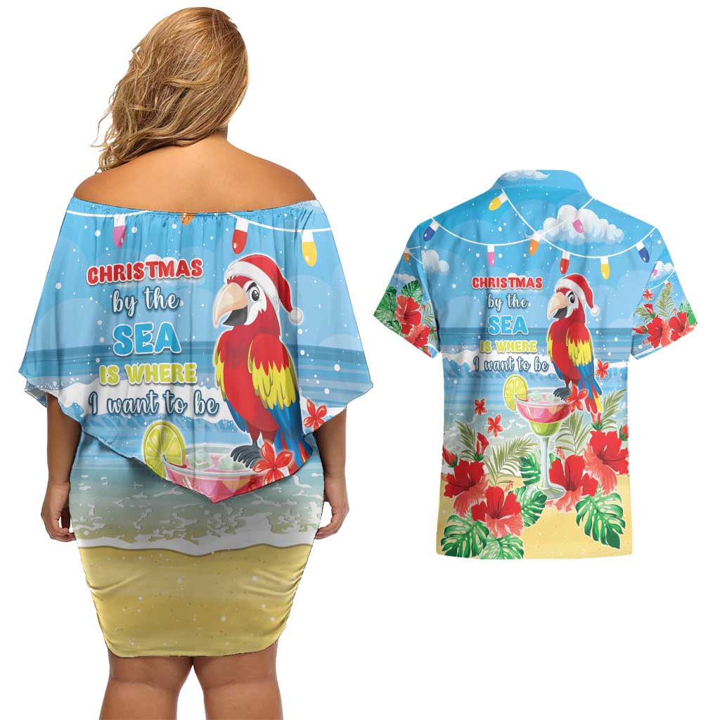 Hawaii Christmas Couples Matching Off Shoulder Short Dress and Hawaiian Shirt Funny Macaw Parrot Tropical Vibe LT05 - Wonder Print Shop
