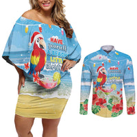 Hawaii Christmas Couples Matching Off Shoulder Short Dress and Long Sleeve Button Shirt Funny Macaw Parrot Tropical Vibe LT05 - Wonder Print Shop
