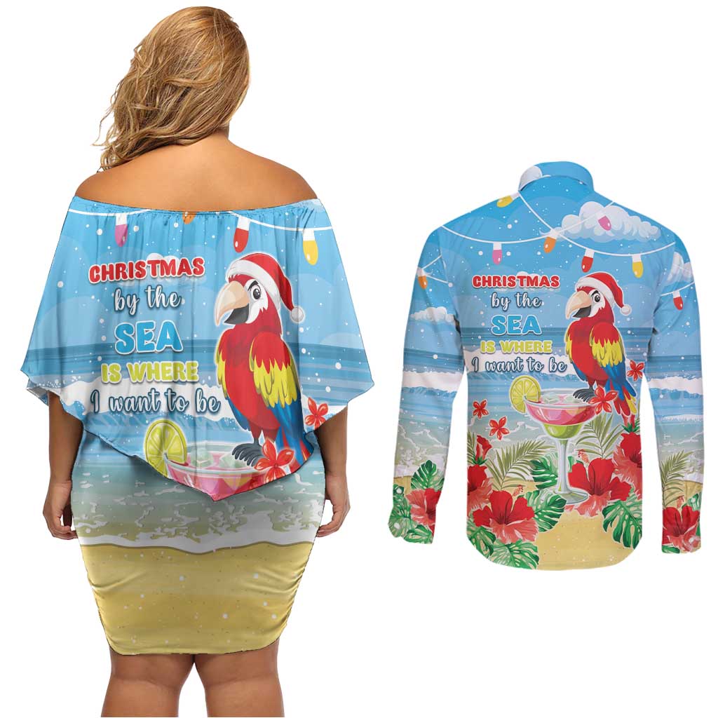 Hawaii Christmas Couples Matching Off Shoulder Short Dress and Long Sleeve Button Shirt Funny Macaw Parrot Tropical Vibe LT05 - Wonder Print Shop