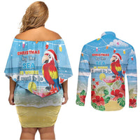 Hawaii Christmas Couples Matching Off Shoulder Short Dress and Long Sleeve Button Shirt Funny Macaw Parrot Tropical Vibe LT05 - Wonder Print Shop