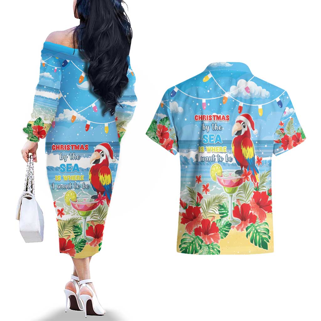 Hawaii Christmas Couples Matching Off The Shoulder Long Sleeve Dress and Hawaiian Shirt Funny Macaw Parrot Tropical Vibe LT05 - Wonder Print Shop