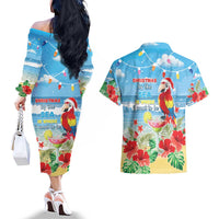 Hawaii Christmas Couples Matching Off The Shoulder Long Sleeve Dress and Hawaiian Shirt Funny Macaw Parrot Tropical Vibe LT05 - Wonder Print Shop