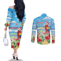 Hawaii Christmas Couples Matching Off The Shoulder Long Sleeve Dress and Long Sleeve Button Shirt Funny Macaw Parrot Tropical Vibe