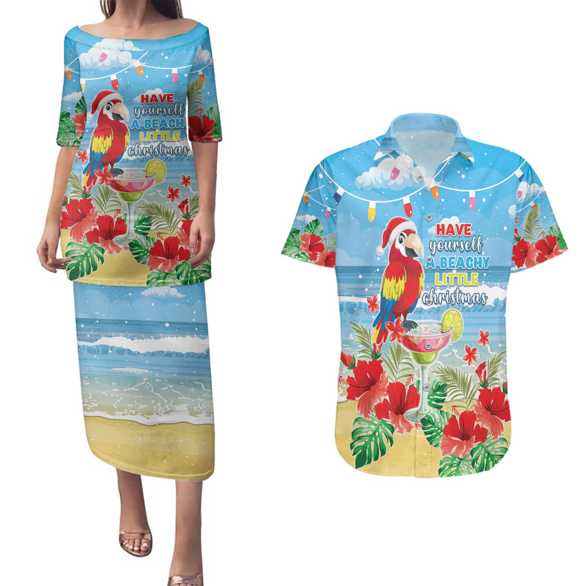 Hawaii Christmas Couples Matching Puletasi and Hawaiian Shirt Funny Macaw Parrot Tropical Vibe LT05 - Wonder Print Shop