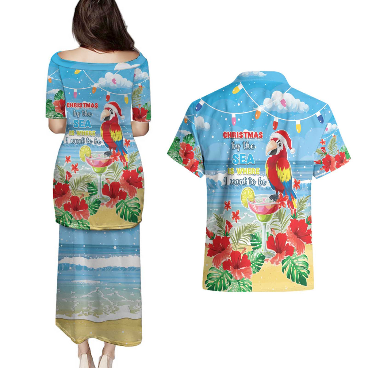Hawaii Christmas Couples Matching Puletasi and Hawaiian Shirt Funny Macaw Parrot Tropical Vibe LT05 - Wonder Print Shop