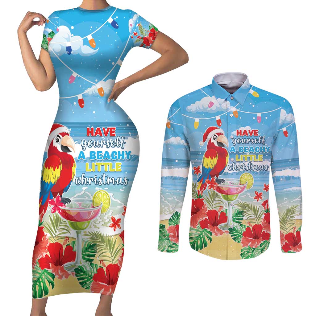 Hawaii Christmas Couples Matching Short Sleeve Bodycon Dress and Long Sleeve Button Shirt Funny Macaw Parrot Tropical Vibe LT05 - Wonder Print Shop