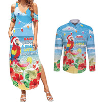 Hawaii Christmas Couples Matching Summer Maxi Dress and Long Sleeve Button Shirt Funny Macaw Parrot Tropical Vibe LT05 - Wonder Print Shop
