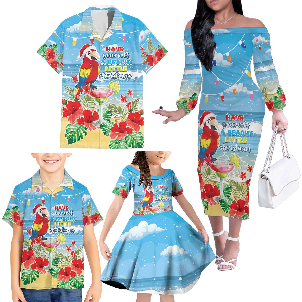 Hawaii Christmas Family Matching Off The Shoulder Long Sleeve Dress and Hawaiian Shirt Funny Macaw Parrot Tropical Vibe LT05 - Wonder Print Shop