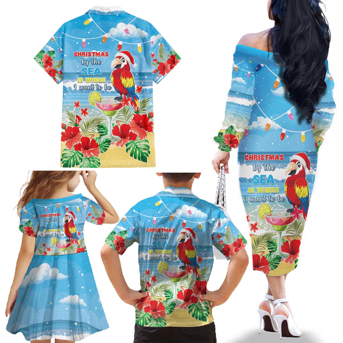 Hawaii Christmas Family Matching Off The Shoulder Long Sleeve Dress and Hawaiian Shirt Funny Macaw Parrot Tropical Vibe LT05 - Wonder Print Shop