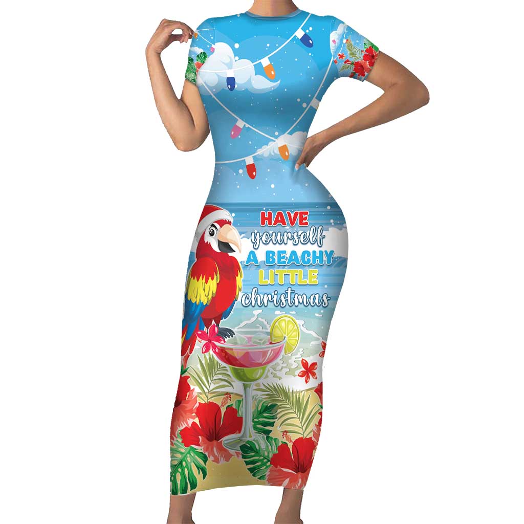 Hawaii Christmas Short Sleeve Bodycon Dress Funny Macaw Parrot Tropical Vibe LT05 - Wonder Print Shop