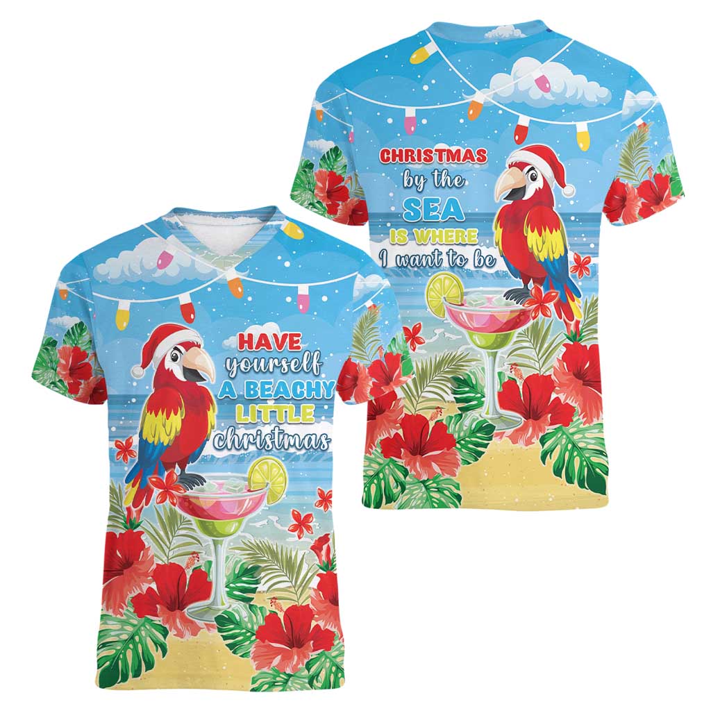 Hawaii Christmas Women V-Neck T-Shirt Funny Macaw Parrot Tropical Vibe LT05 - Wonder Print Shop