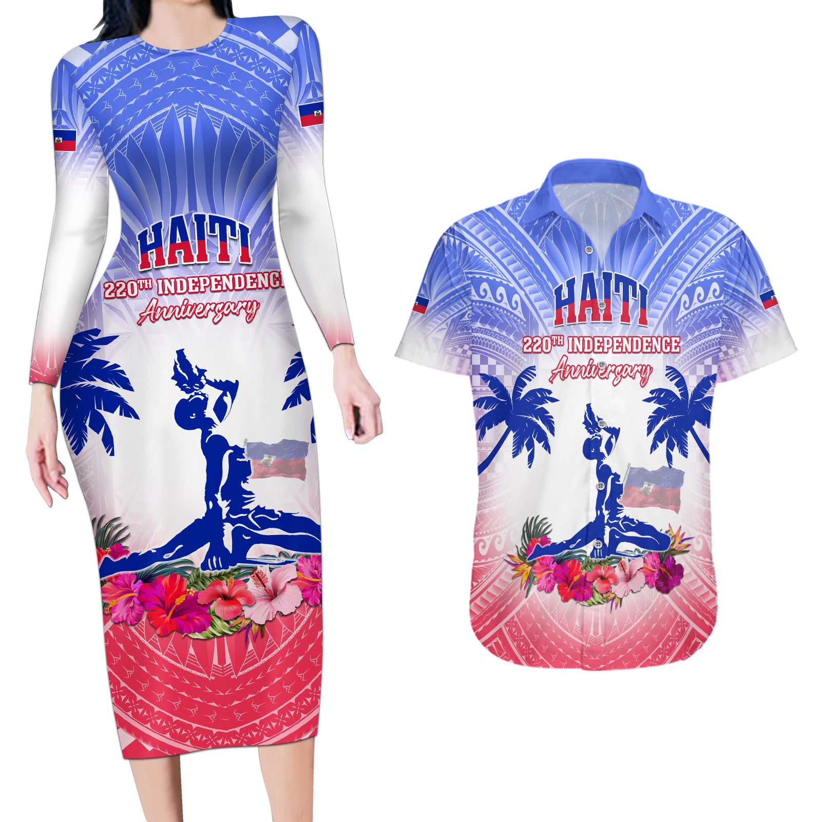 Personalised Haiti Independence Day Couples Matching Long Sleeve Bodycon Dress and Hawaiian Shirt Neg Maron Polynesian Style