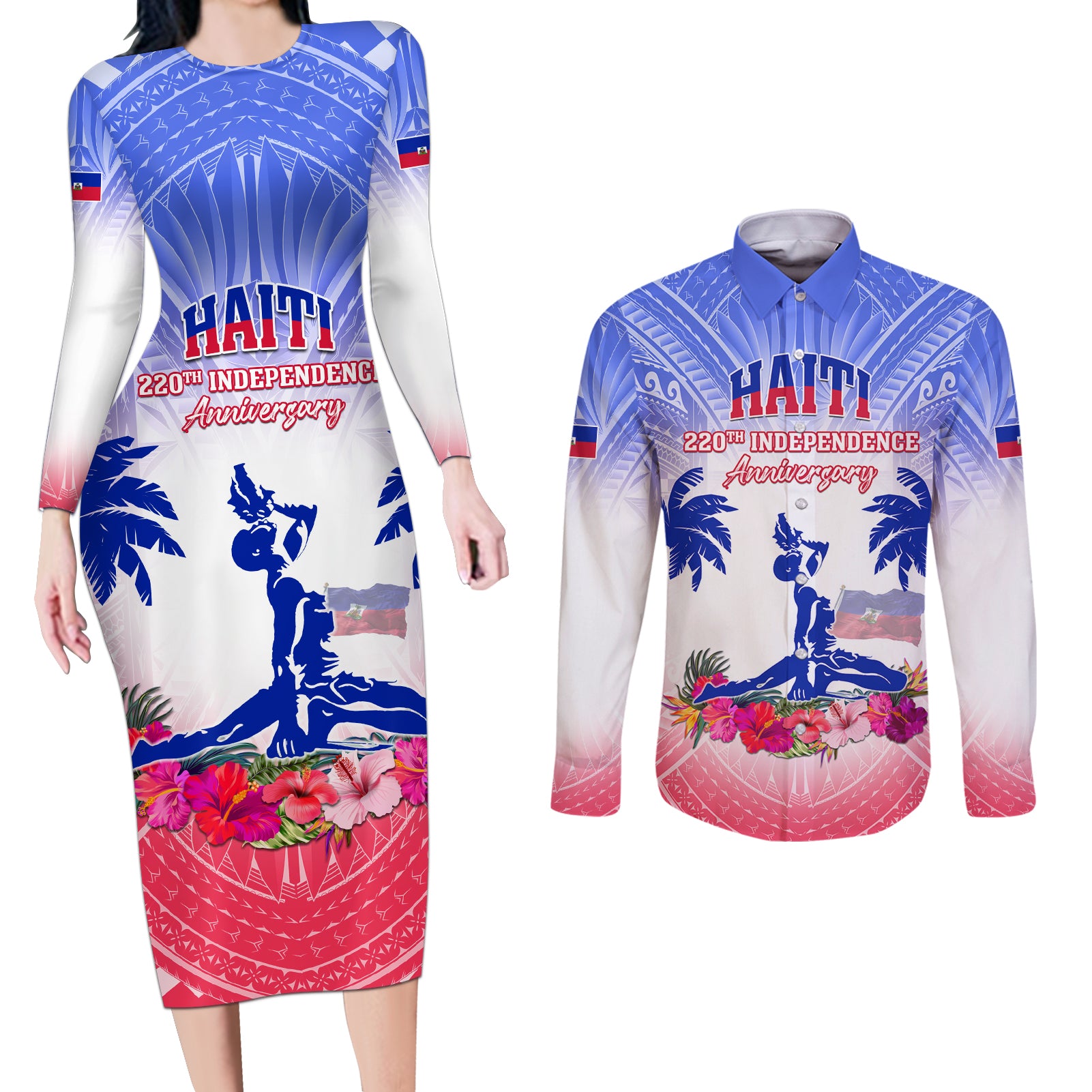 Personalised Haiti Independence Day Couples Matching Long Sleeve Bodycon Dress and Long Sleeve Button Shirt Neg Maron Polynesian Style