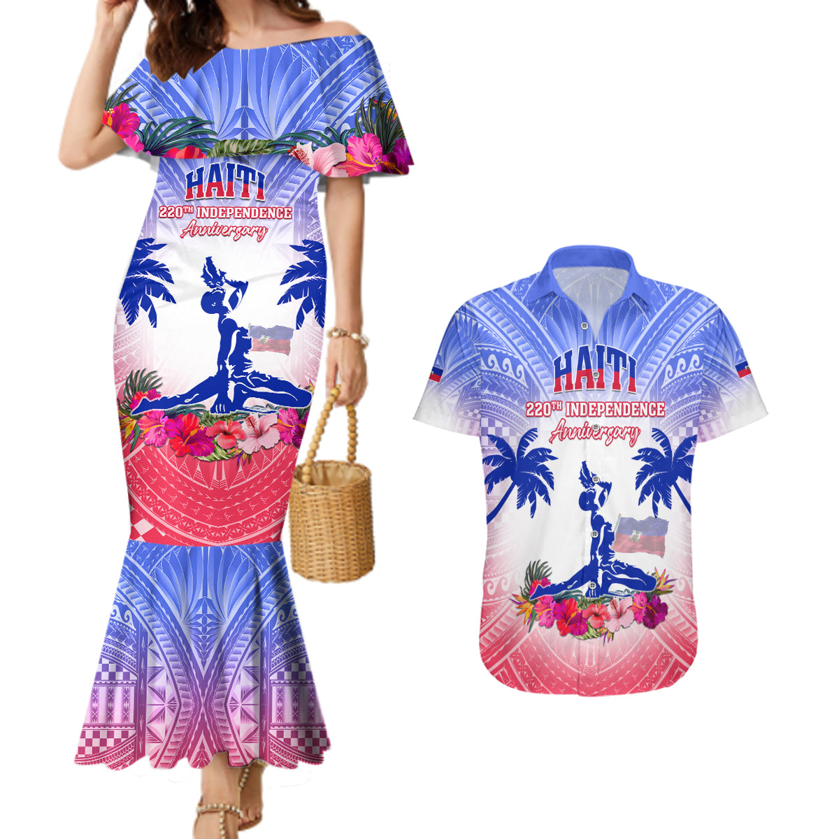Personalised Haiti Independence Day Couples Matching Mermaid Dress and Hawaiian Shirt Neg Maron Polynesian Style