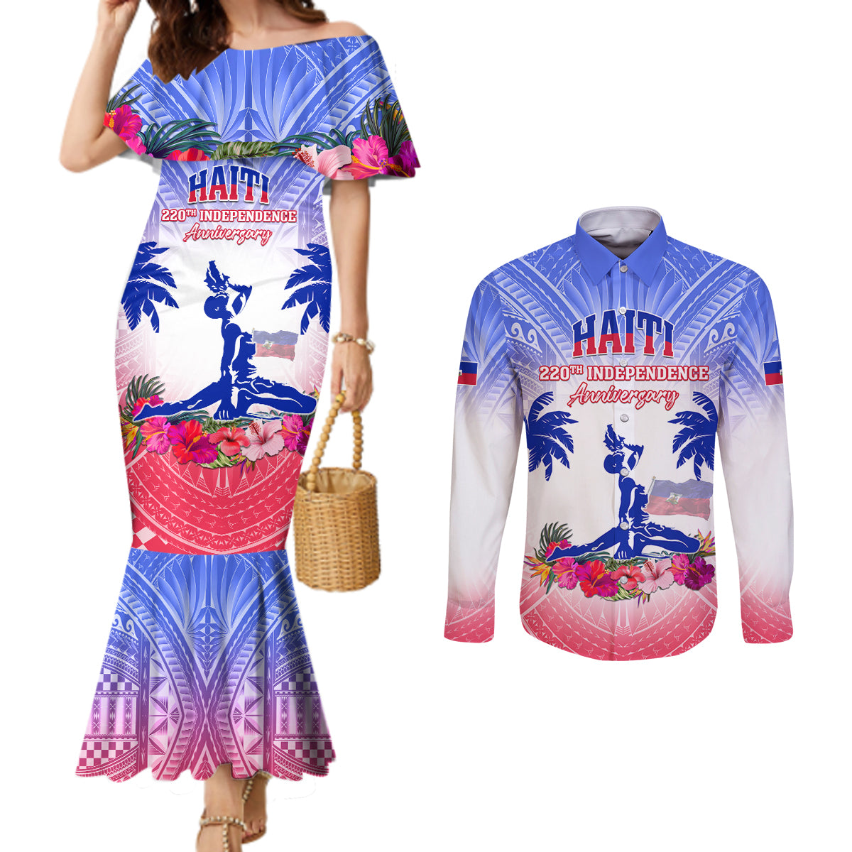 Personalised Haiti Independence Day Couples Matching Mermaid Dress and Long Sleeve Button Shirt Neg Maron Polynesian Style
