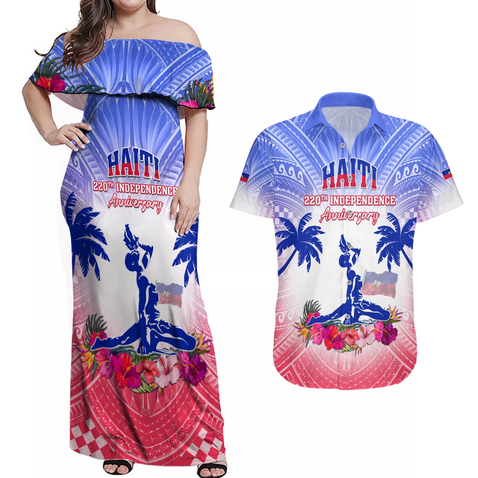 Personalised Haiti Independence Day Couples Matching Off Shoulder Maxi Dress and Hawaiian Shirt Neg Maron Polynesian Style