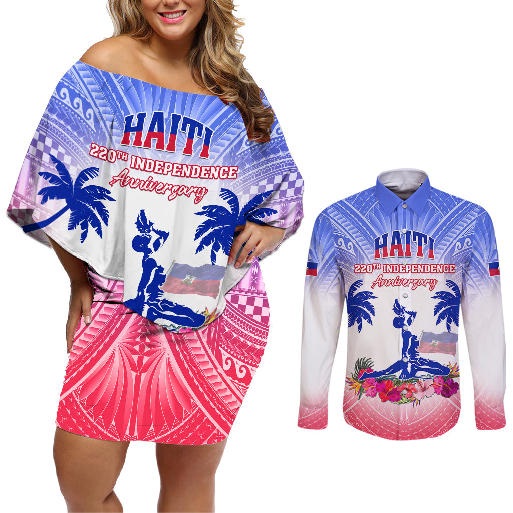 Personalised Haiti Independence Day Couples Matching Off Shoulder Short Dress and Long Sleeve Button Shirt Neg Maron Polynesian Style