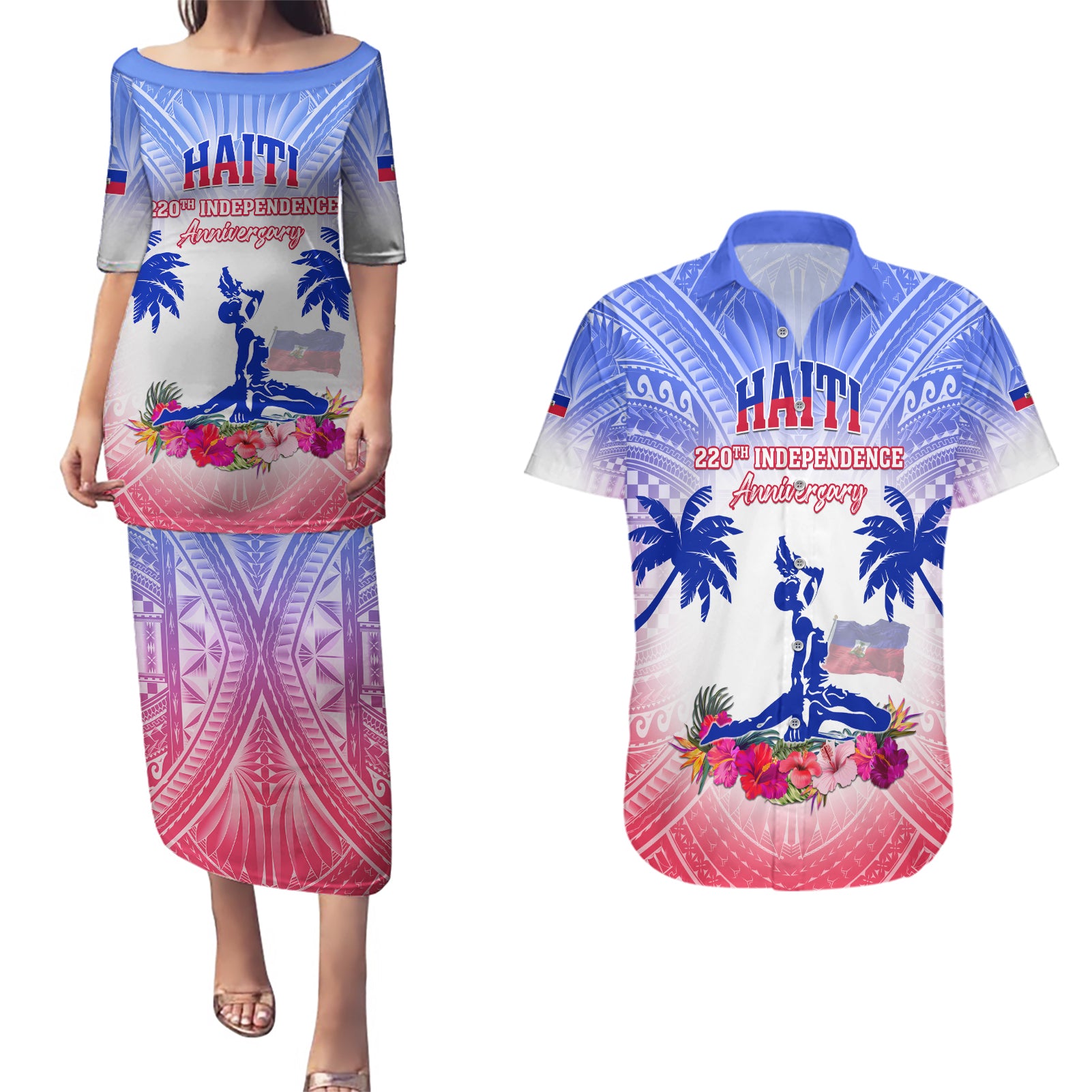 Personalised Haiti Independence Day Couples Matching Puletasi and Hawaiian Shirt Neg Maron Polynesian Style