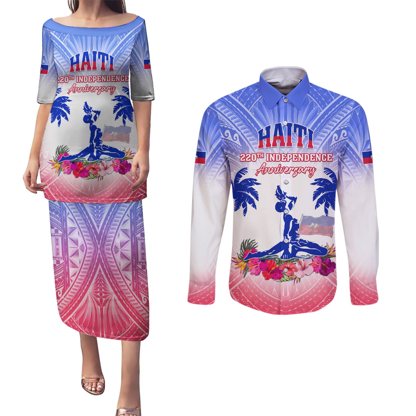 Personalised Haiti Independence Day Couples Matching Puletasi and Long Sleeve Button Shirt Neg Maron Polynesian Style