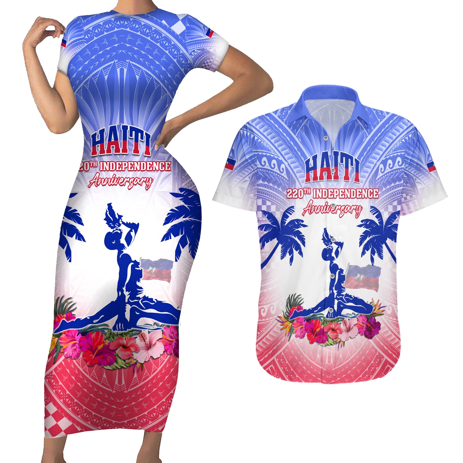 Personalised Haiti Independence Day Couples Matching Short Sleeve Bodycon Dress and Hawaiian Shirt Neg Maron Polynesian Style