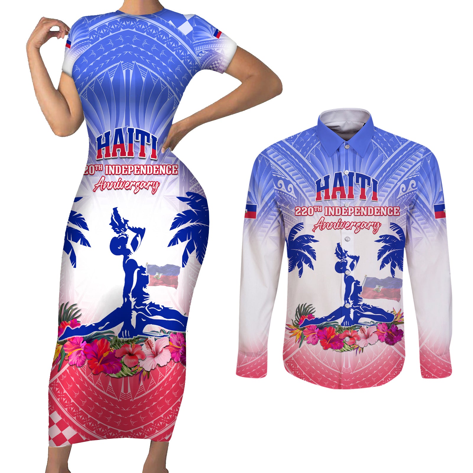 Personalised Haiti Independence Day Couples Matching Short Sleeve Bodycon Dress and Long Sleeve Button Shirt Neg Maron Polynesian Style