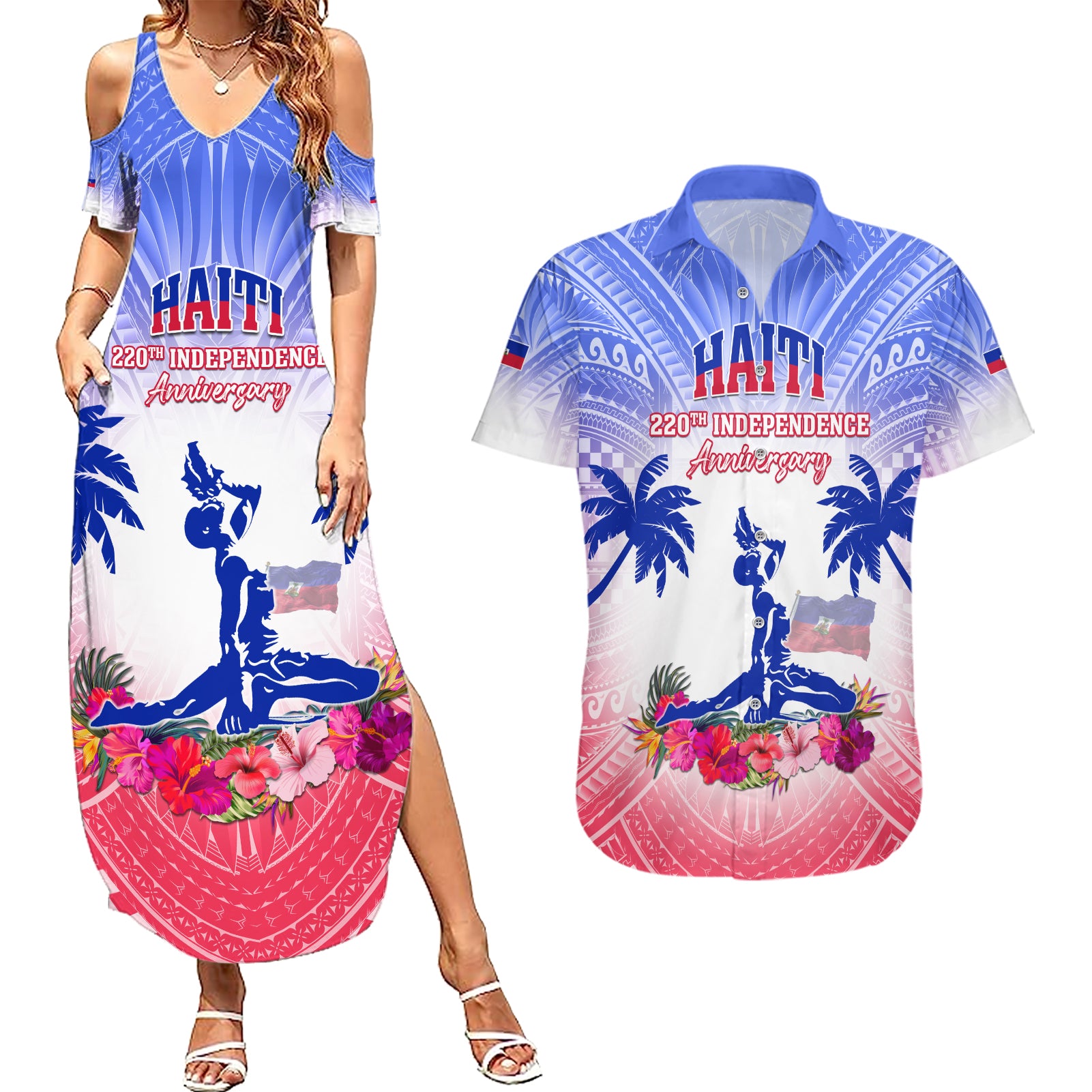 Personalised Haiti Independence Day Couples Matching Summer Maxi Dress and Hawaiian Shirt Neg Maron Polynesian Style