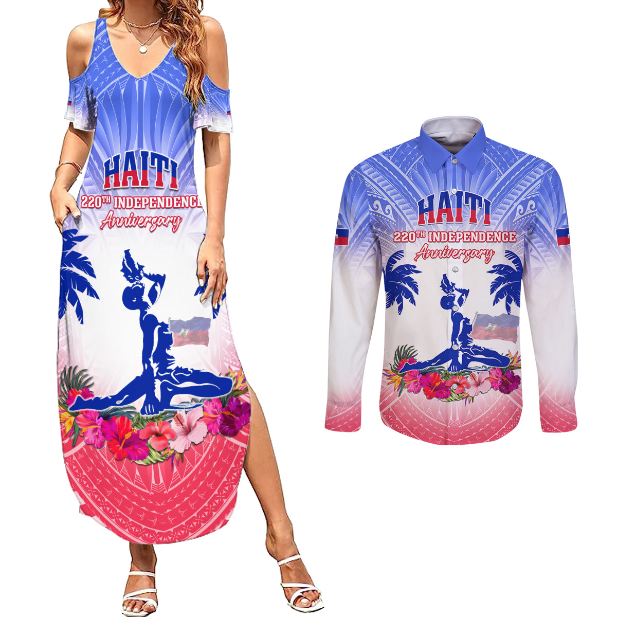 Personalised Haiti Independence Day Couples Matching Summer Maxi Dress and Long Sleeve Button Shirt Neg Maron Polynesian Style